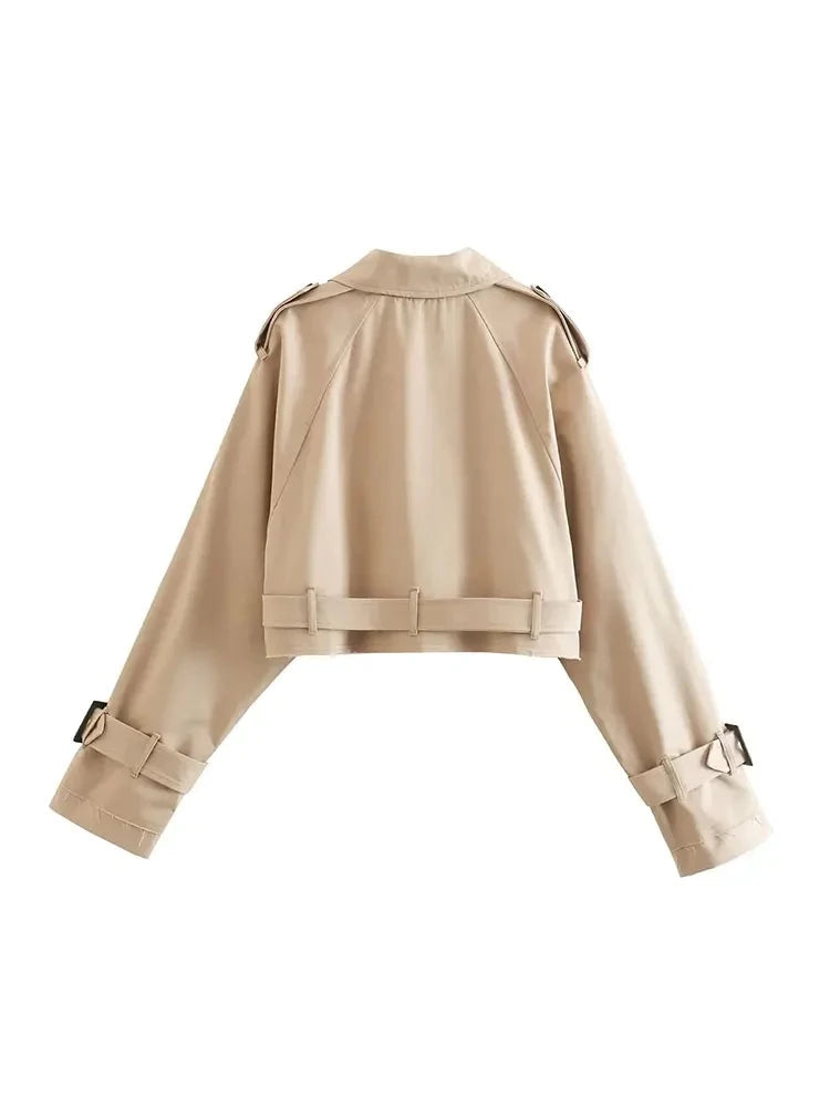 2024 Belt Cropped Trench Spring Jacket Women Vintage Streetwear Double Breasted Long Sleeve Top Female Coat Outfits Velt UK | SALE