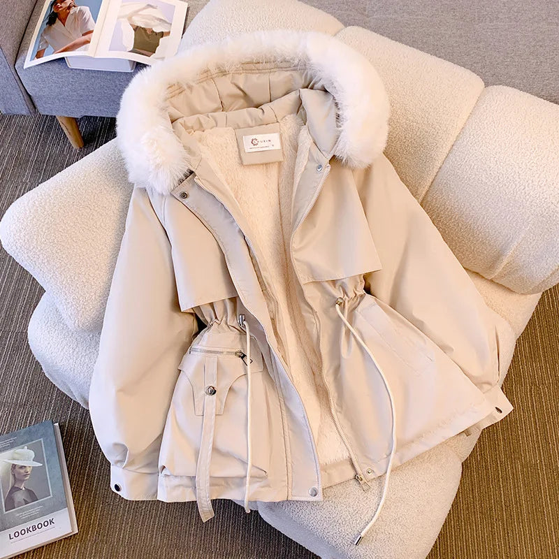 Fleece Lined Hood Down Jacket Winter Coat for Women Warm Drawstring Padded Parkas Korean Casual Streetwear Female Puffer Outwear Velt UK | SALE