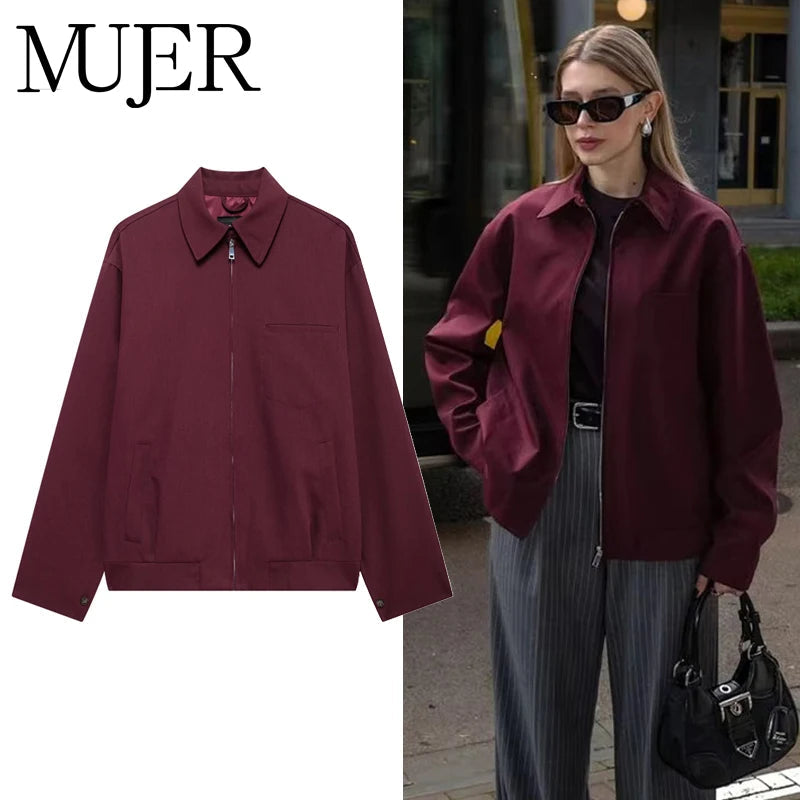 MUJER Zipper Bomber Jackets for Women Fall Outerwears Overcoat Female Long Sleeve Loose Jacket Women Coats Retro Women's Jacket Velt UK | SALE