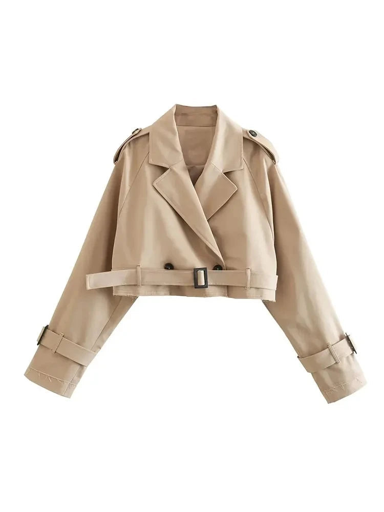 2024 Belt Cropped Trench Spring Jacket Women Vintage Streetwear Double Breasted Long Sleeve Top Female Coat Outfits Velt UK | SALE