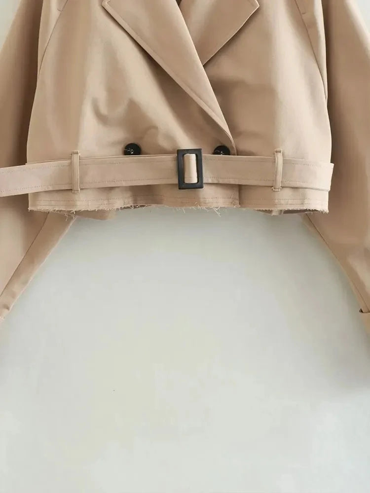 2024 Belt Cropped Trench Spring Jacket Women Vintage Streetwear Double Breasted Long Sleeve Top Female Coat Outfits Velt UK | SALE