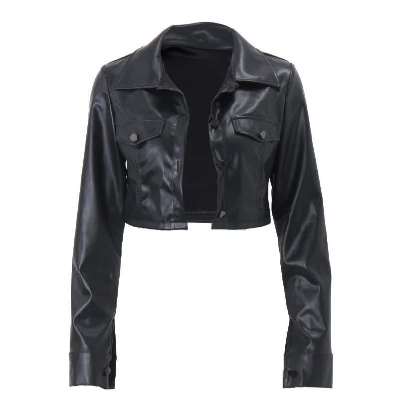 WhereMery Faux Leather Short Jacket Y2K Turn-down Collar Fashion Botton Decoration PU Coat 2022 Grunge Street Casual Women Coats Velt UK | SALE