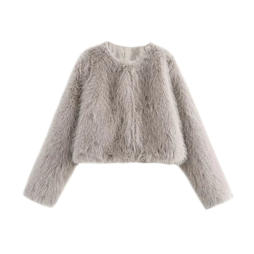 TRZA-Women's Thick Warm Faux Fur Cropped Jacket, O Neck, Long Sleeve, Female Outerwear, Chic Tops, Fashion Velt UK | SALE
