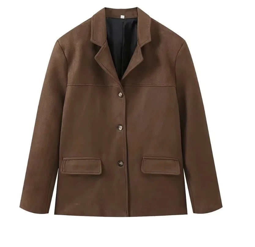 2024 Autumn Winter Woomen Suede Jacket With Lapel Woman Casual Single Breasted Pocket Long Sleeve Short Coat Street Overcoat Velt UK | SALE