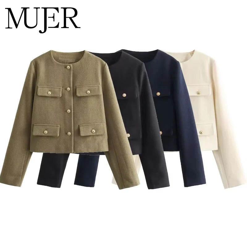 MUJER Tweed Cropped Jacket Woman Long Sleeve Vintage Jacket Woman Fashion Button Elegant Jackets For Women New In Short Coats Velt UK | SALE
