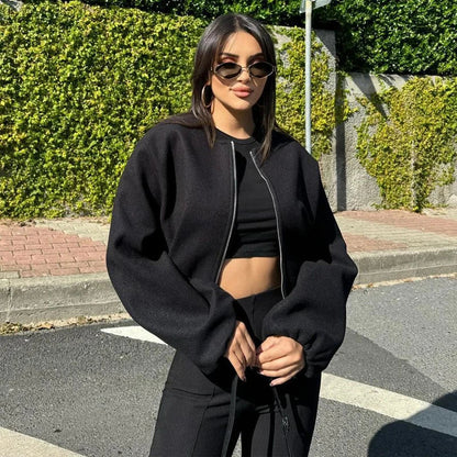 MUJER Black Bomber Jackets for Women Zipper Varsity Jackets Women Soft Cropped Jackets Woman 2025 Long Sleeve Winter Coat Female Velt UK | SALE