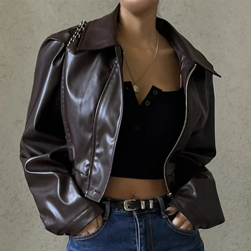 WhereMery Faux Leather Short Jacket Y2K Turn-down Collar Fashion Botton Decoration PU Coat 2022 Grunge Street Casual Women Coats Velt UK | SALE