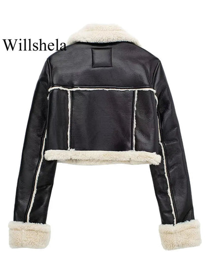 Willshela Women Fashion Solid Front Zipper Jackets Vintage Lapel Neck Long Sleeves Female Chic Lady Outfits Velt UK | SALE