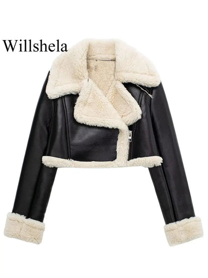 Willshela Women Fashion Solid Front Zipper Jackets Vintage Lapel Neck Long Sleeves Female Chic Lady Outfits Velt UK | SALE