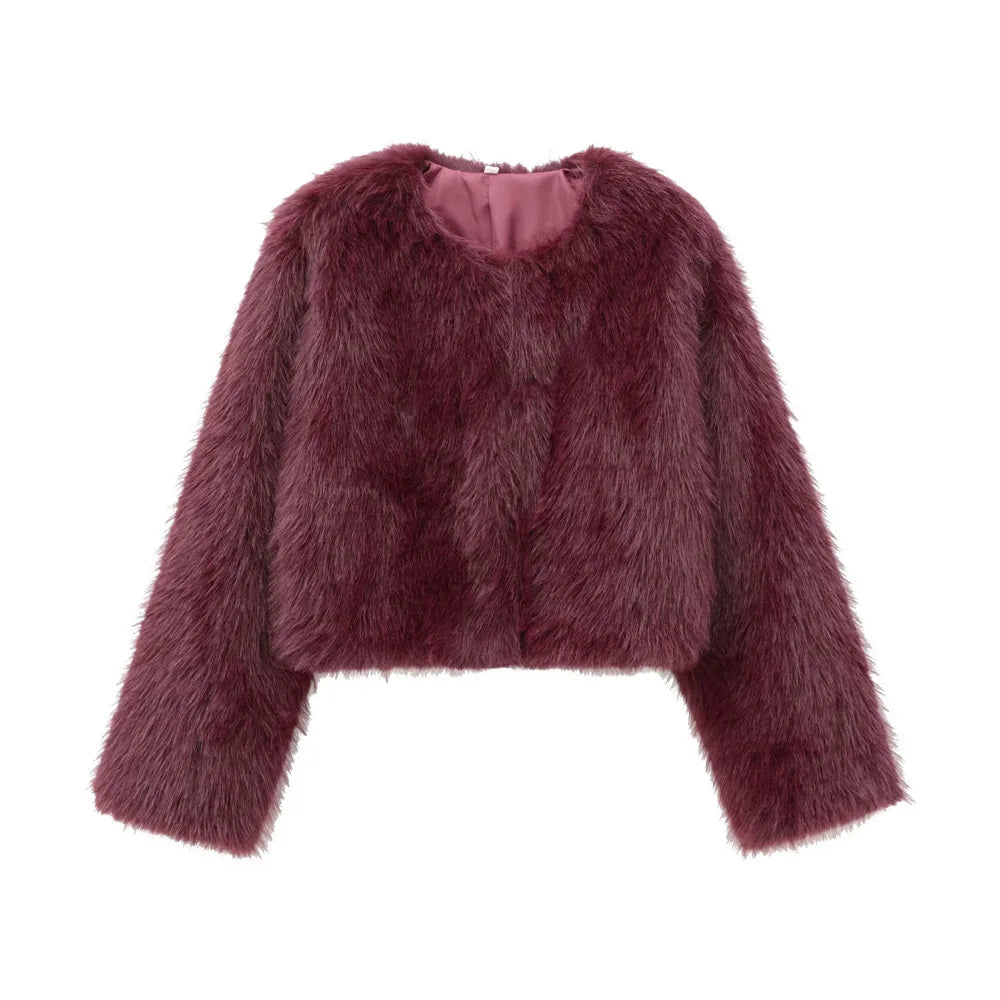 TRZA-Women's Thick Warm Faux Fur Cropped Jacket, O Neck, Long Sleeve, Female Outerwear, Chic Tops, Fashion Velt UK | SALE