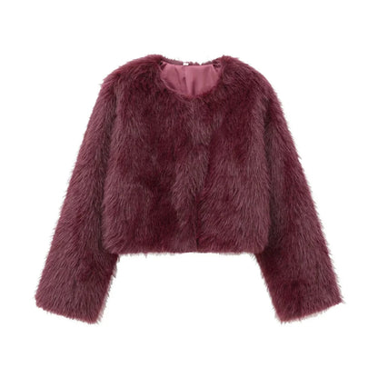 TRZA-Women's Thick Warm Faux Fur Cropped Jacket, O Neck, Long Sleeve, Female Outerwear, Chic Tops, Fashion Velt UK | SALE