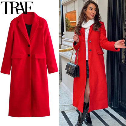 TRAF Winter Coats Woman 2024 Red Long Coats For Women Autumn Faux Wool Coat Casual Long Sleeve Coat Elegant Women's Overcoat Velt UK | SALE