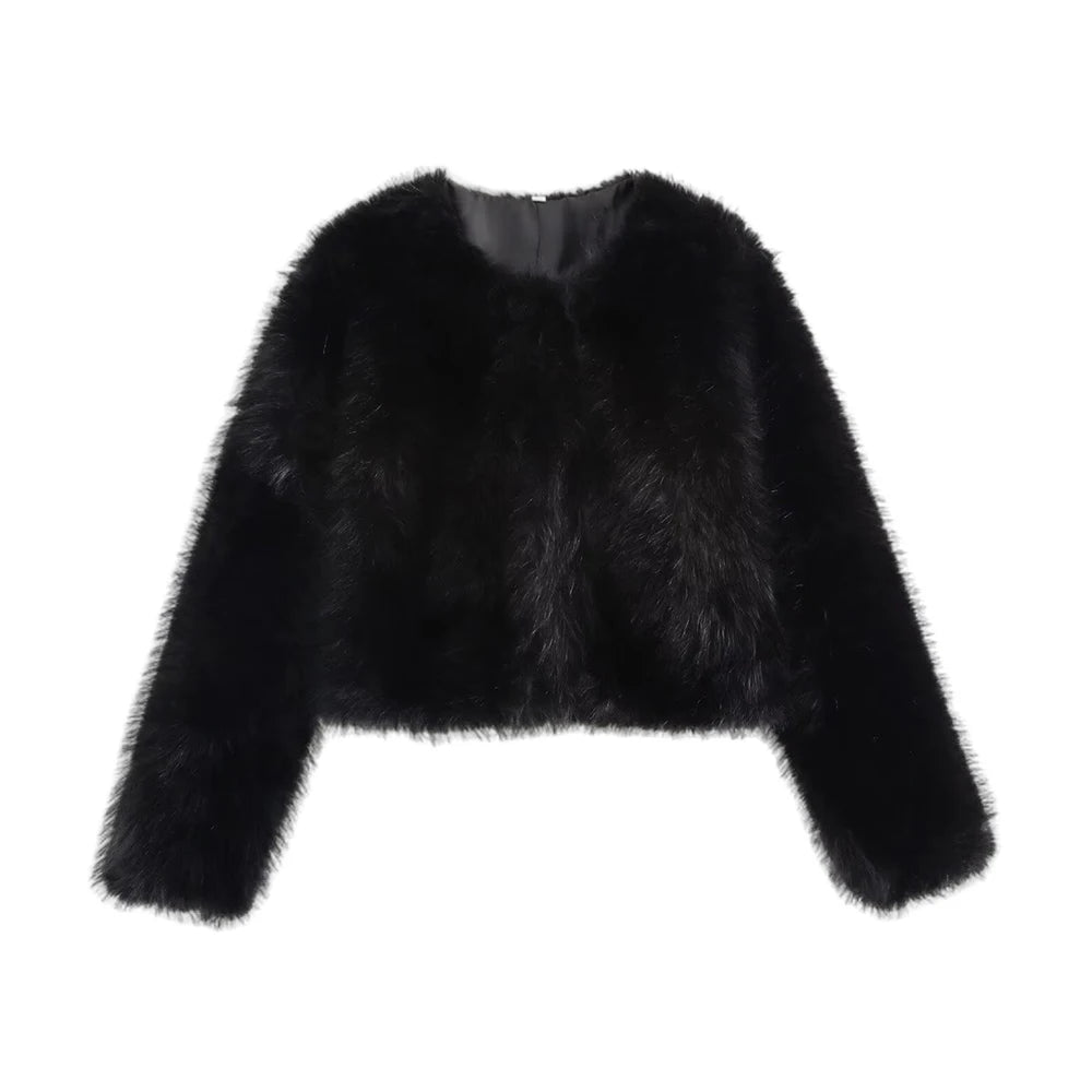 TRZA-Women's Thick Warm Faux Fur Cropped Jacket, O Neck, Long Sleeve, Female Outerwear, Chic Tops, Fashion Velt UK | SALE