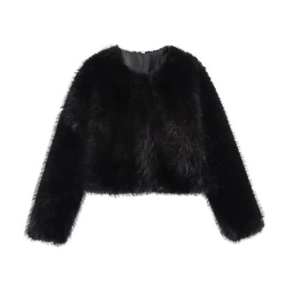 TRZA-Women's Thick Warm Faux Fur Cropped Jacket, O Neck, Long Sleeve, Female Outerwear, Chic Tops, Fashion Velt UK | SALE