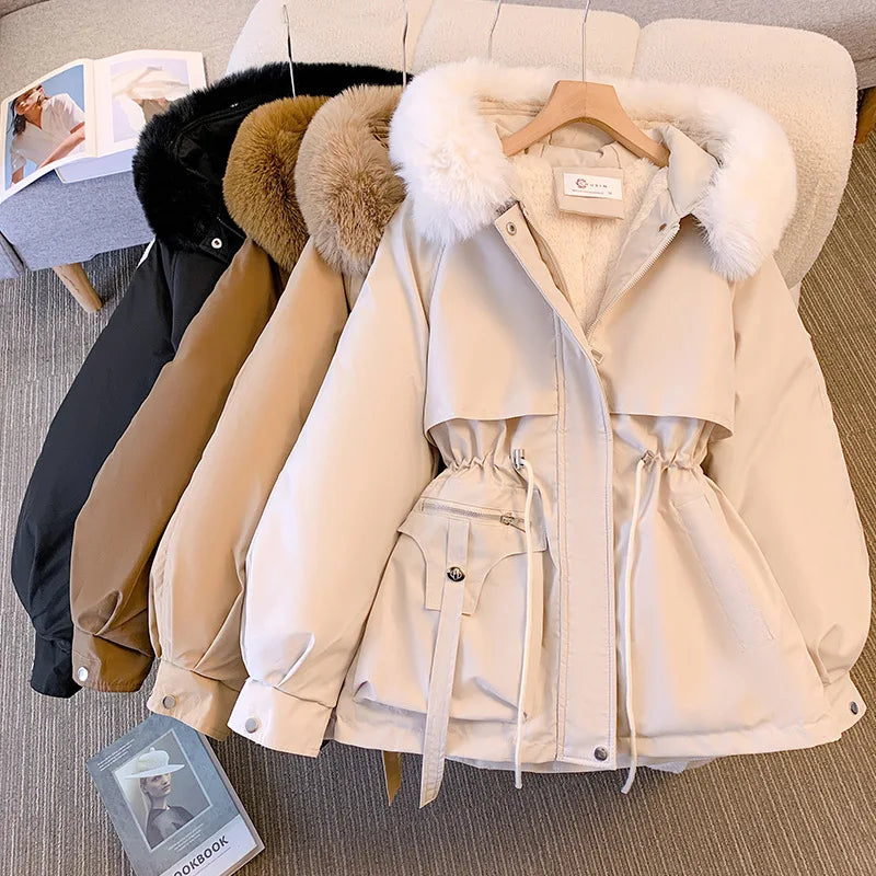 Fleece Lined Hood Down Jacket Winter Coat for Women Warm Drawstring Padded Parkas Korean Casual Streetwear Female Puffer Outwear Velt UK | SALE