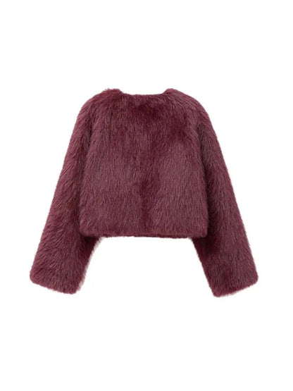 TRZA-Women's Thick Warm Faux Fur Cropped Jacket, O Neck, Long Sleeve, Female Outerwear, Chic Tops, Fashion Velt UK | SALE