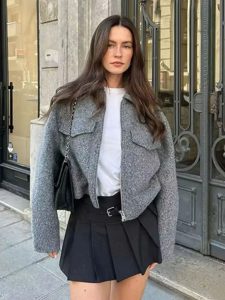 TRZA Women Fashion Patch Pockets With Flaps Cropped Jacket Coat Vintage Long Sleeve Front Zipper Female Outerwear Chic Tops Velt UK | SALE