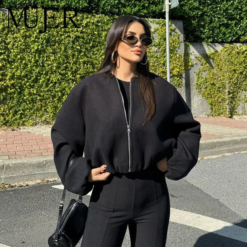 MUJER Black Bomber Jackets for Women Zipper Varsity Jackets Women Soft Cropped Jackets Woman 2025 Long Sleeve Winter Coat Female Velt UK | SALE