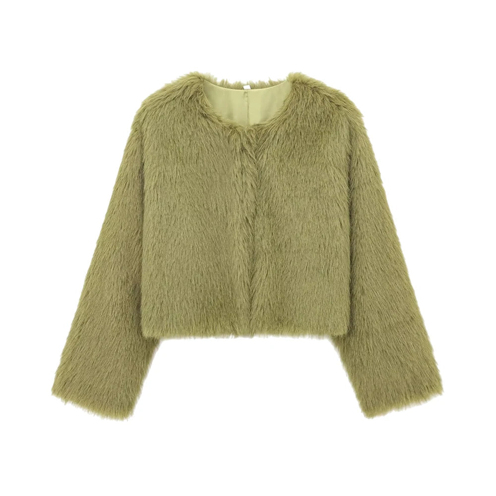 TRZA-Women's Thick Warm Faux Fur Cropped Jacket, O Neck, Long Sleeve, Female Outerwear, Chic Tops, Fashion Velt UK | SALE