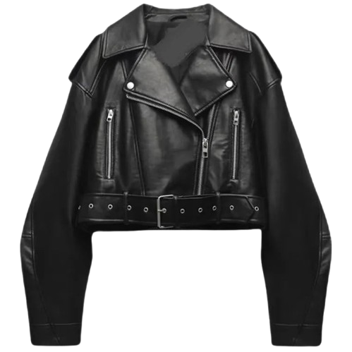 TRAF Women's Faux Leather Moto Jacket – Belted Vintage Style SS24 Velt UK | SALE