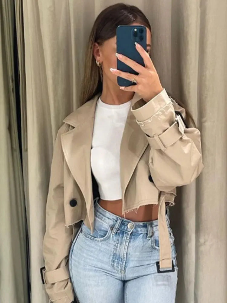 2024 Belt Cropped Trench Spring Jacket Women Vintage Streetwear Double Breasted Long Sleeve Top Female Coat Outfits Velt UK | SALE