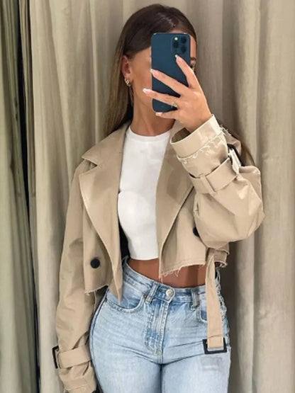 2024 Belt Cropped Trench Spring Jacket Women Vintage Streetwear Double Breasted Long Sleeve Top Female Coat Outfits Velt UK | SALE