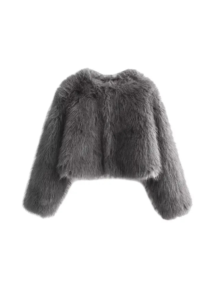 TRZA-Women's Thick Warm Faux Fur Cropped Jacket, O Neck, Long Sleeve, Female Outerwear, Chic Tops, Fashion Velt UK | SALE