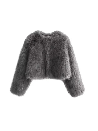 TRZA-Women's Thick Warm Faux Fur Cropped Jacket, O Neck, Long Sleeve, Female Outerwear, Chic Tops, Fashion Velt UK | SALE