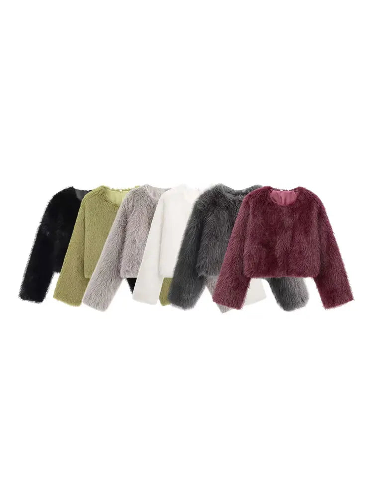 TRZA-Women's Thick Warm Faux Fur Cropped Jacket, O Neck, Long Sleeve, Female Outerwear, Chic Tops, Fashion Velt UK | SALE