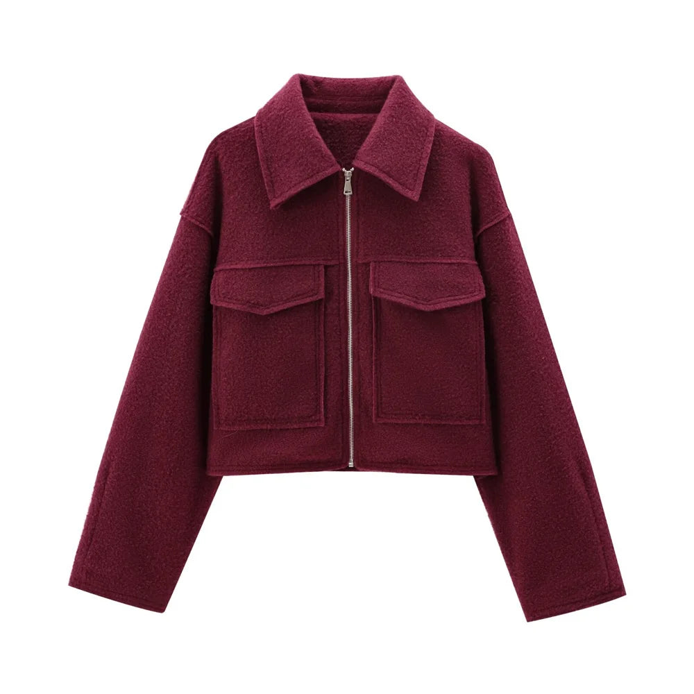 TRZA Women Fashion Patch Pockets With Flaps Cropped Jacket Coat Vintage Long Sleeve Front Zipper Female Outerwear Chic Tops Velt UK | SALE