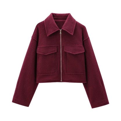 TRZA Women Fashion Patch Pockets With Flaps Cropped Jacket Coat Vintage Long Sleeve Front Zipper Female Outerwear Chic Tops Velt UK | SALE