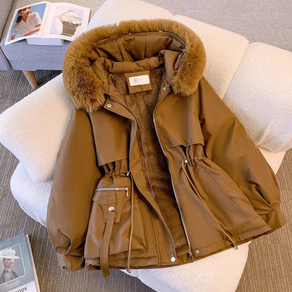 Fleece Lined Hood Down Jacket Winter Coat for Women Warm Drawstring Padded Parkas Korean Casual Streetwear Female Puffer Outwear Velt UK | SALE