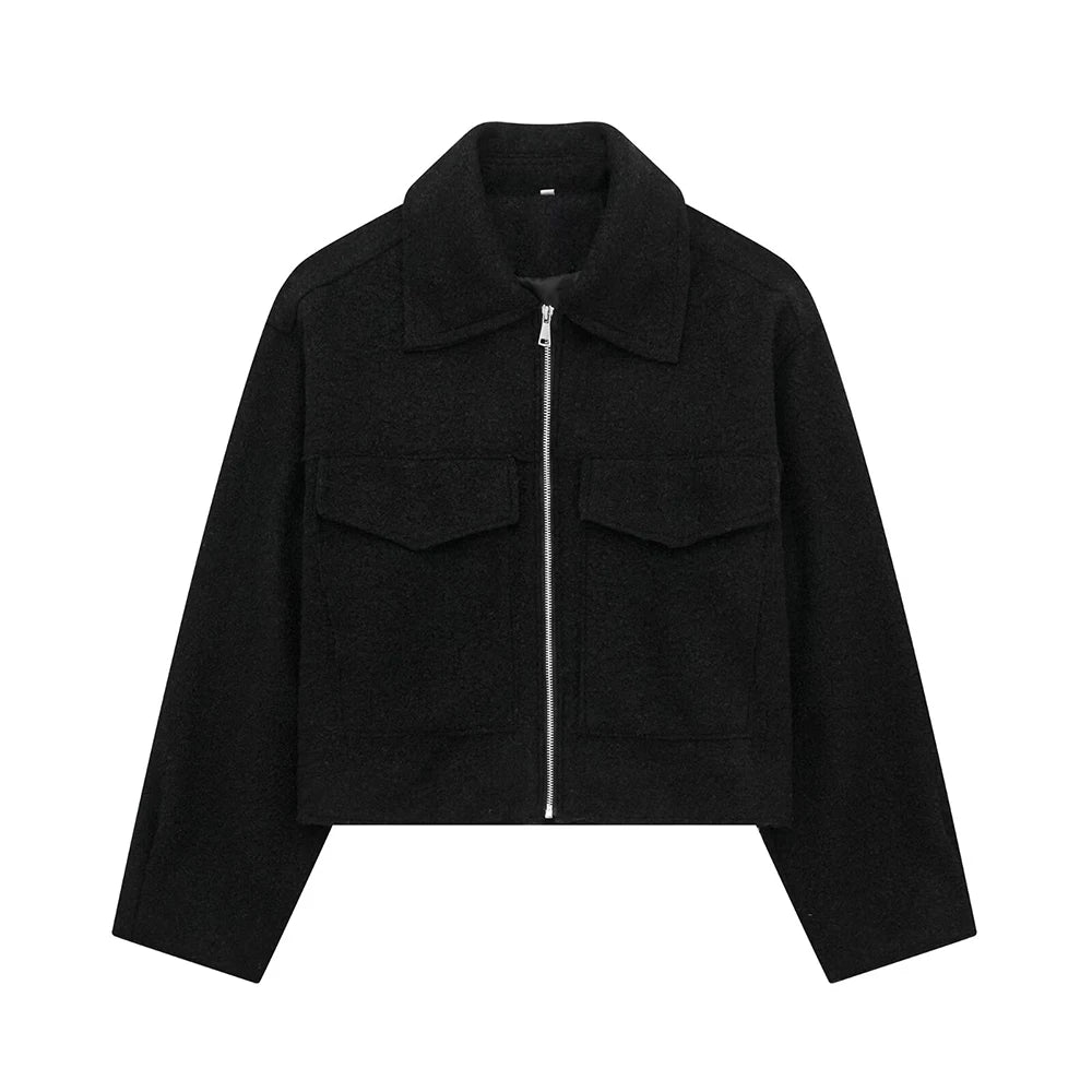 TRZA Women Fashion Patch Pockets With Flaps Cropped Jacket Coat Vintage Long Sleeve Front Zipper Female Outerwear Chic Tops Velt UK | SALE