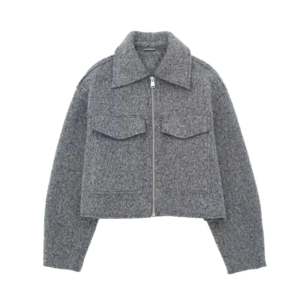 TRZA Women Fashion Patch Pockets With Flaps Cropped Jacket Coat Vintage Long Sleeve Front Zipper Female Outerwear Chic Tops Velt UK | SALE