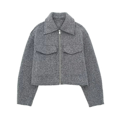 TRZA Women Fashion Patch Pockets With Flaps Cropped Jacket Coat Vintage Long Sleeve Front Zipper Female Outerwear Chic Tops Velt UK | SALE