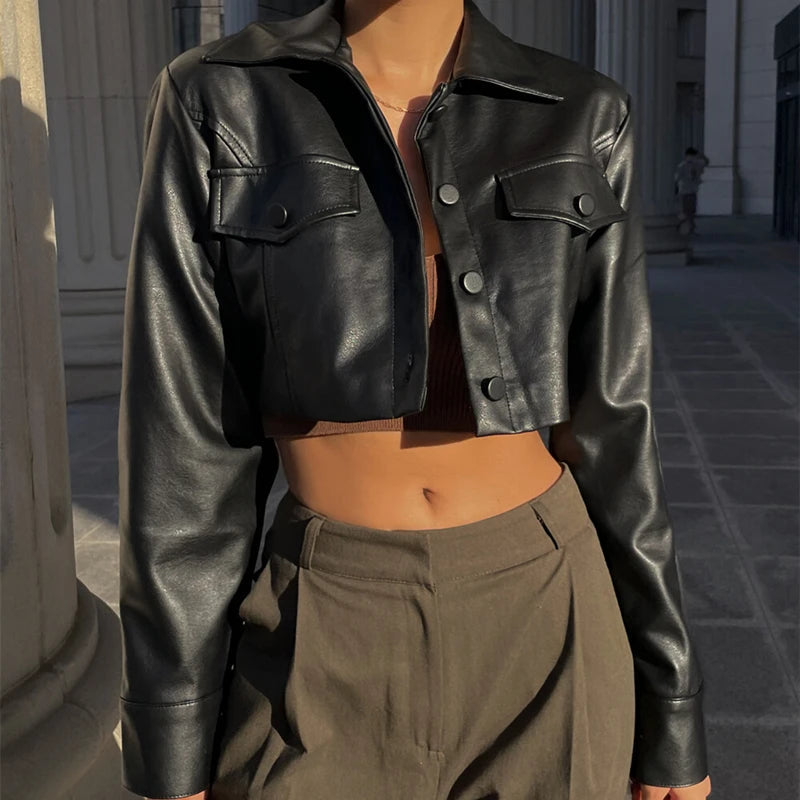 WhereMery Faux Leather Short Jacket Y2K Turn-down Collar Fashion Botton Decoration PU Coat 2022 Grunge Street Casual Women Coats Velt UK | SALE