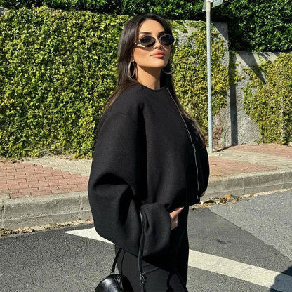 MUJER Black Bomber Jackets for Women Zipper Varsity Jackets Women Soft Cropped Jackets Woman 2025 Long Sleeve Winter Coat Female Velt UK | SALE