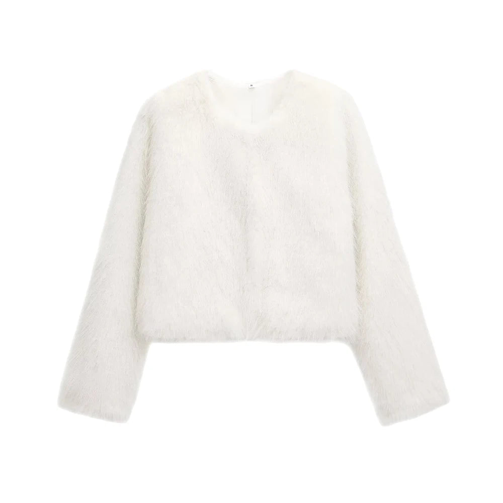 TRZA-Women's Thick Warm Faux Fur Cropped Jacket, O Neck, Long Sleeve, Female Outerwear, Chic Tops, Fashion Velt UK | SALE