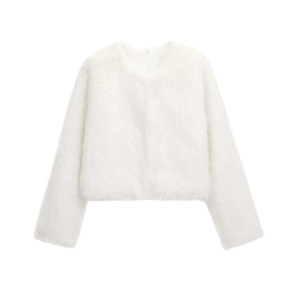 TRZA-Women's Thick Warm Faux Fur Cropped Jacket, O Neck, Long Sleeve, Female Outerwear, Chic Tops, Fashion Velt UK | SALE