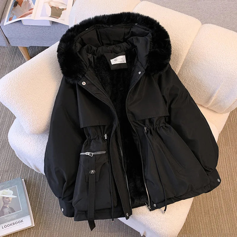 Fleece Lined Hood Down Jacket Winter Coat for Women Warm Drawstring Padded Parkas Korean Casual Streetwear Female Puffer Outwear Velt UK | SALE