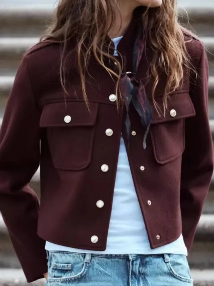Women's Spring Autumn Vintage Wine Red Tweed Cropped Woolen Blends Jackets Female Elegant Buttons Pockets Streetwear Short Coats Velt UK | SALE