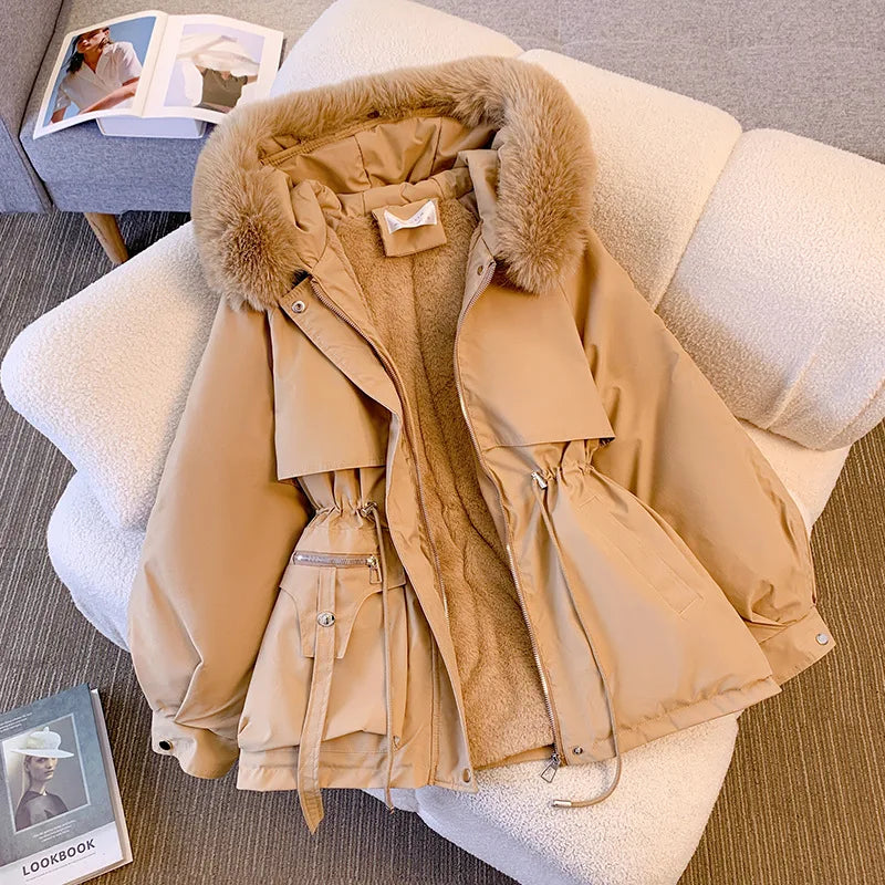 Fleece Lined Hood Down Jacket Winter Coat for Women Warm Drawstring Padded Parkas Korean Casual Streetwear Female Puffer Outwear Velt UK | SALE