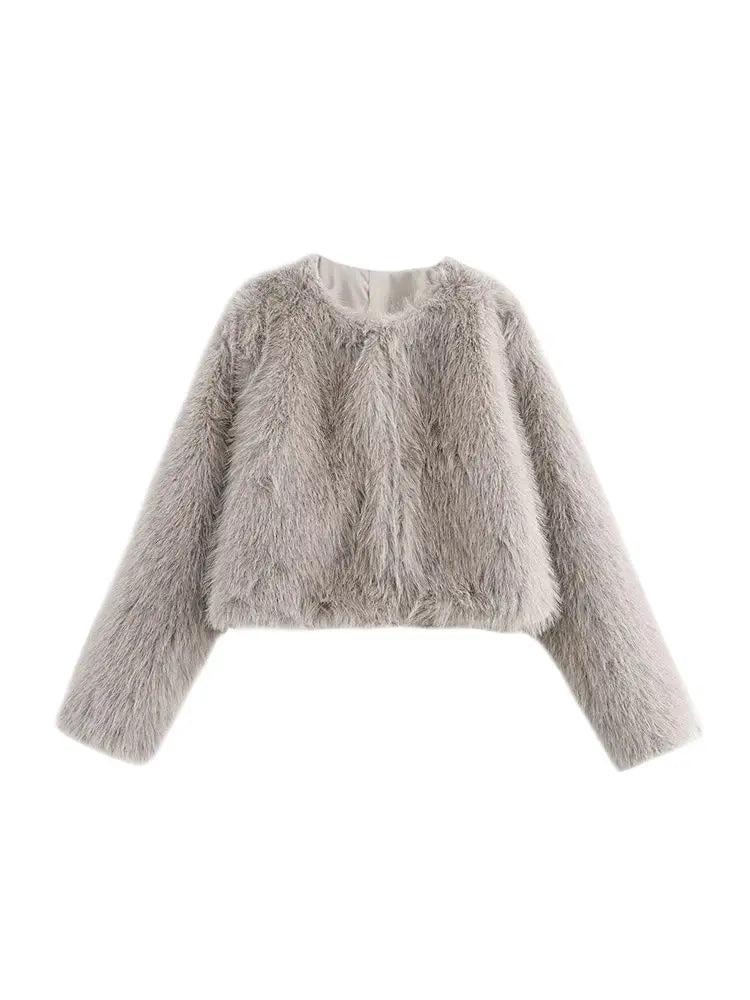 TRZA-Women's Thick Warm Faux Fur Cropped Jacket, O Neck, Long Sleeve, Female Outerwear, Chic Tops, Fashion Velt UK | SALE