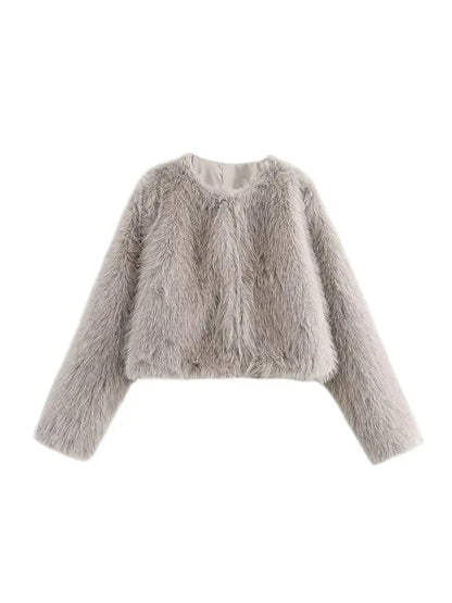 TRZA-Women's Thick Warm Faux Fur Cropped Jacket, O Neck, Long Sleeve, Female Outerwear, Chic Tops, Fashion Velt UK | SALE