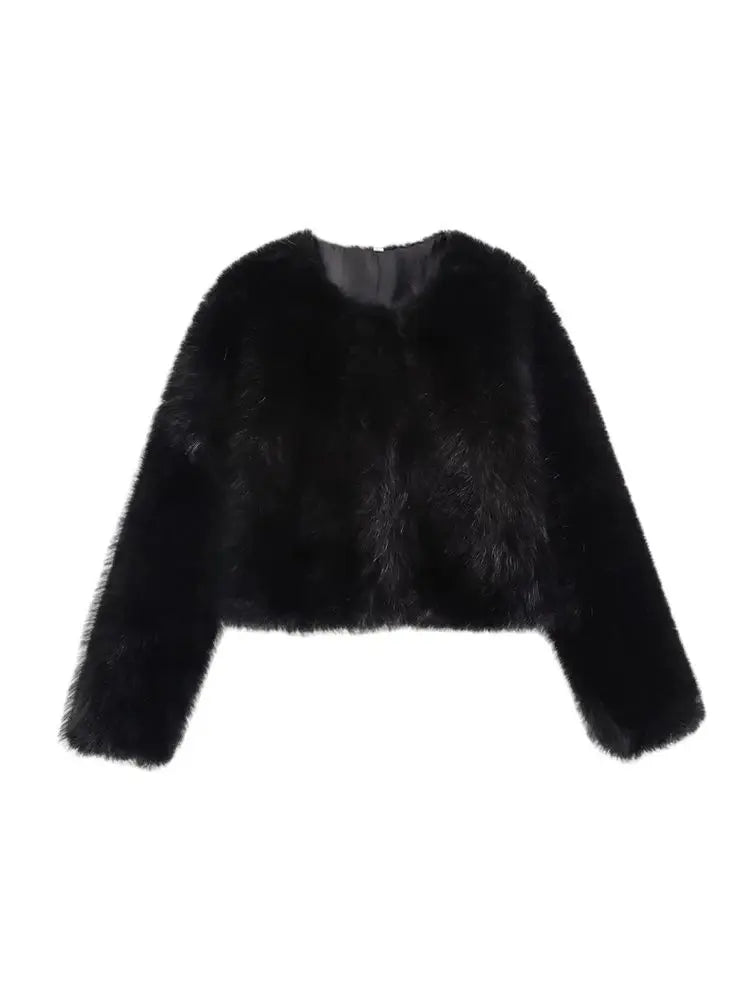 TRZA-Women's Thick Warm Faux Fur Cropped Jacket, O Neck, Long Sleeve, Female Outerwear, Chic Tops, Fashion Velt UK | SALE