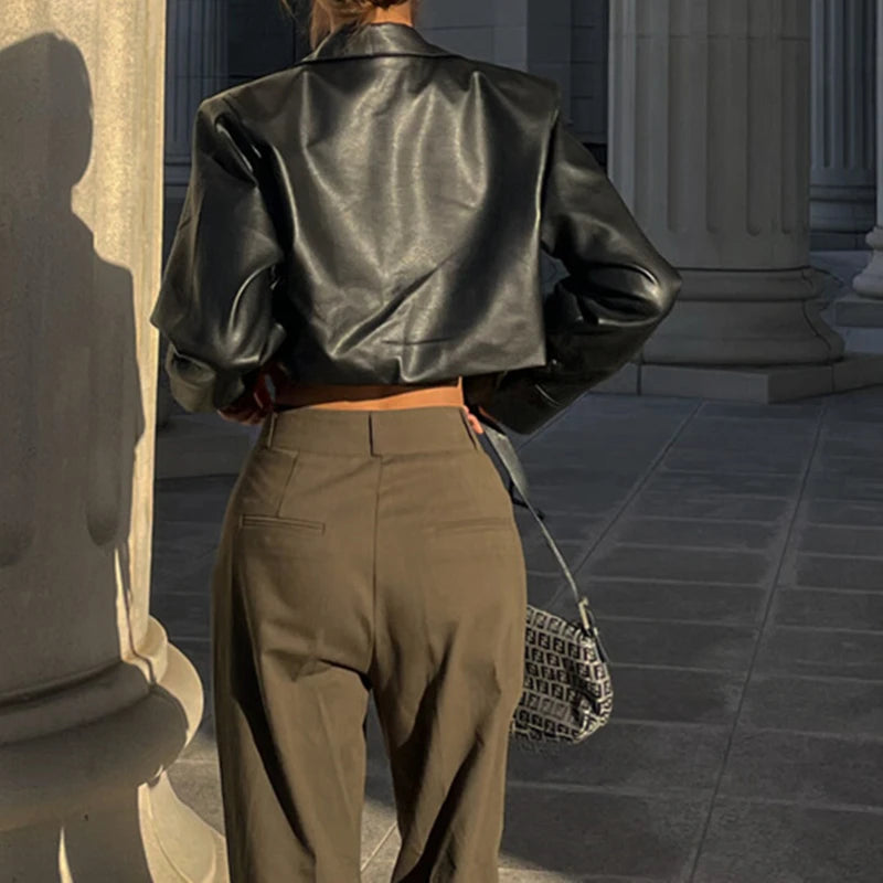 WhereMery Faux Leather Short Jacket Y2K Turn-down Collar Fashion Botton Decoration PU Coat 2022 Grunge Street Casual Women Coats Velt UK | SALE