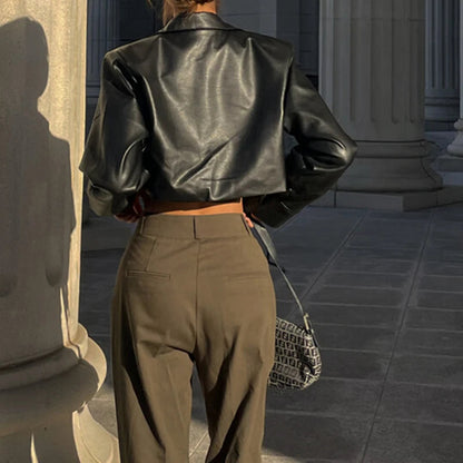 WhereMery Faux Leather Short Jacket Y2K Turn-down Collar Fashion Botton Decoration PU Coat 2022 Grunge Street Casual Women Coats Velt UK | SALE