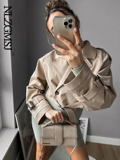 2024 Belt Cropped Trench Spring Jacket Women Vintage Streetwear Double Breasted Long Sleeve Top Female Coat Outfits Velt UK | SALE