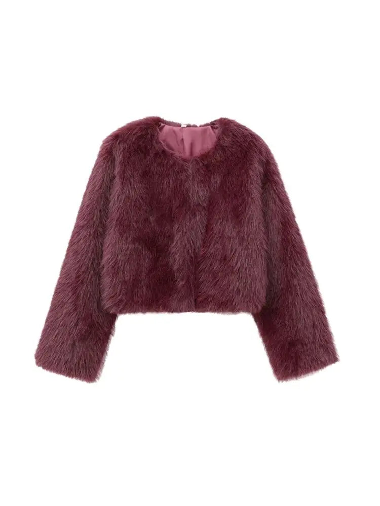 TRZA-Women's Thick Warm Faux Fur Cropped Jacket, O Neck, Long Sleeve, Female Outerwear, Chic Tops, Fashion Velt UK | SALE