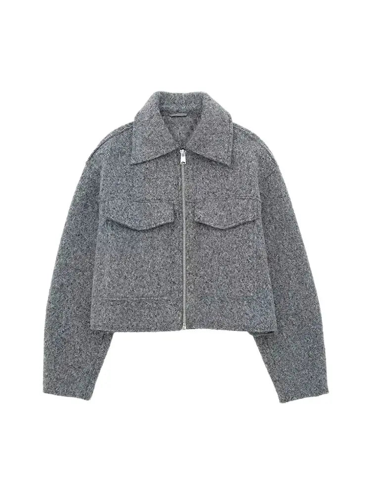 TRZA Women Fashion Patch Pockets With Flaps Cropped Jacket Coat Vintage Long Sleeve Front Zipper Female Outerwear Chic Tops Velt UK | SALE